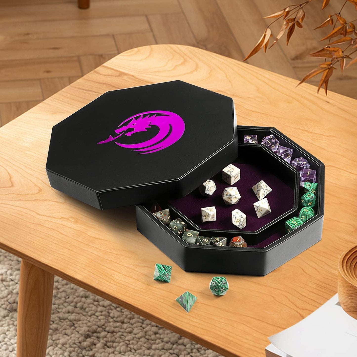 Leather Octagon Dice Rolling Tray and Box Storage Purple