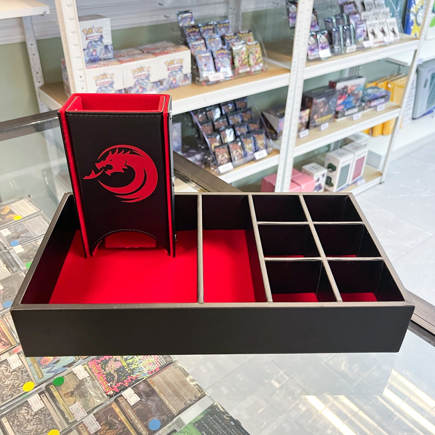 Leather Rectangle Dice Rolling Tray, Dice Tower and Dice Storage Red