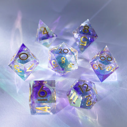 7 Piece Translucent Shiny Blue Liquid Core Dice Sharp Edges