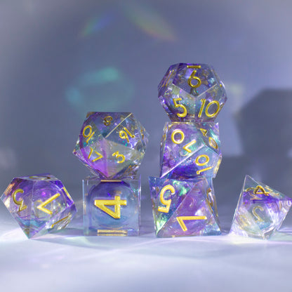 7 Piece Translucent Shiny Blue Liquid Core Dice Sharp Edges