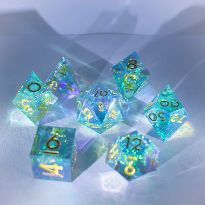 Dice Set 7 Translucent Green with Rainbow Iridescent Plating Sharp Edges