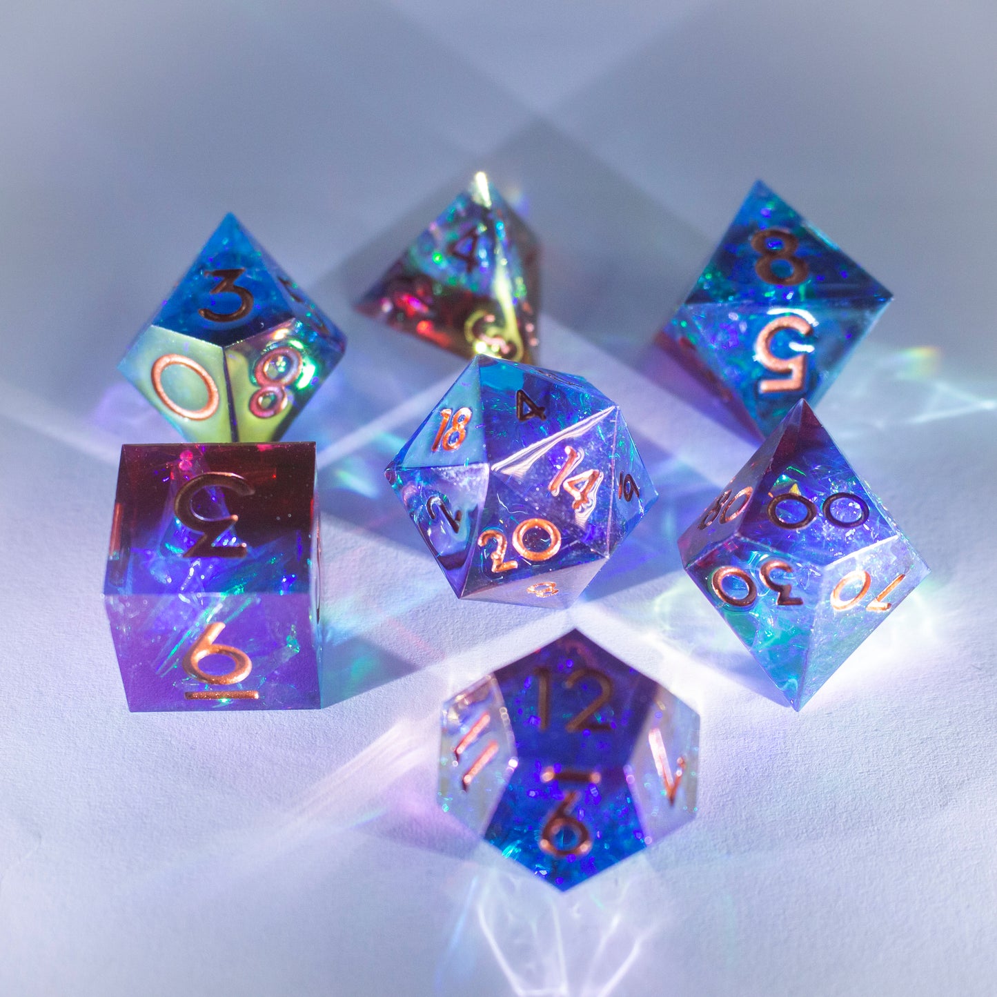 Dice Set 7 Translucent Red & Blue with Rainbow Iridescent Plating Sharp Edges