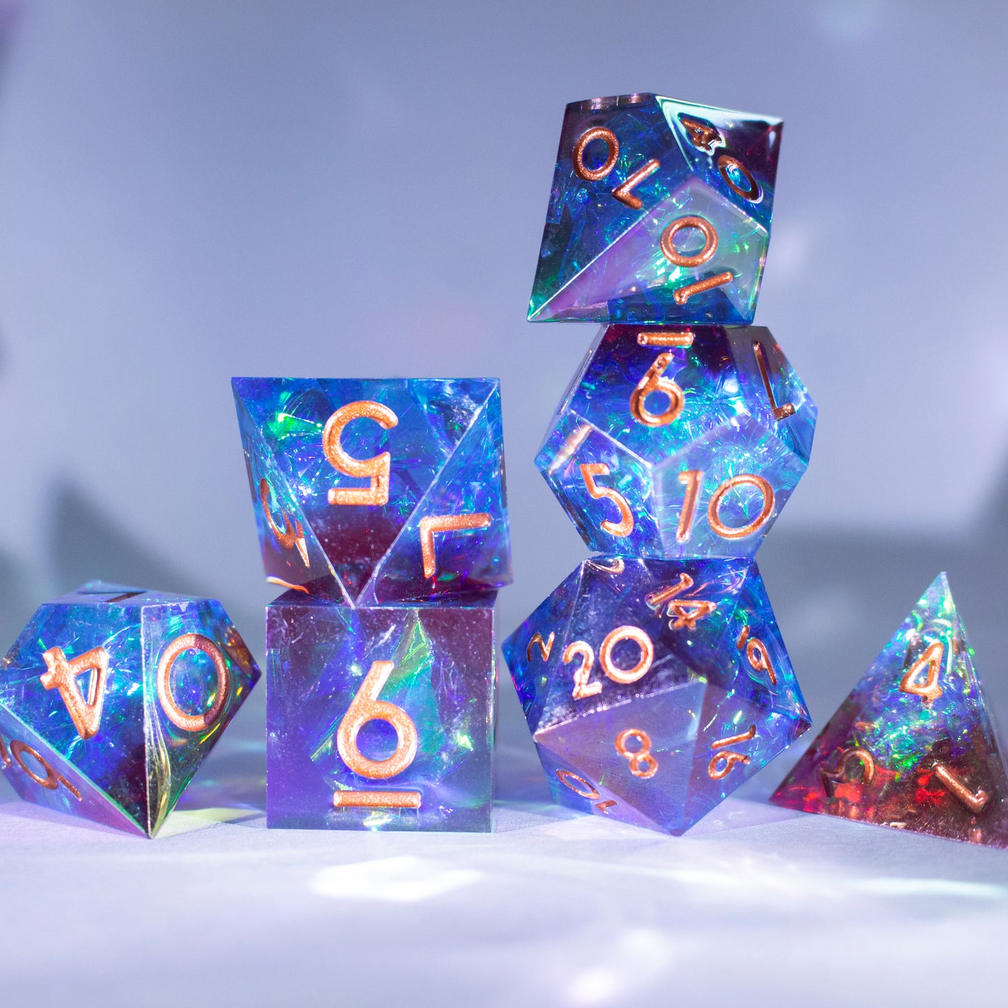 Dice Set 7 Translucent Red & Blue with Rainbow Iridescent Plating Sharp Edges