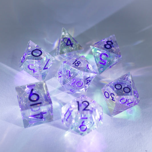 7 Piece Translucent Shiny White Liquid Core Dice Sharp Edges