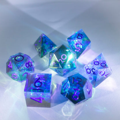 Dice Set 7 Translucent Cyan with Rainbow Iridescent Plating Sharp Edges