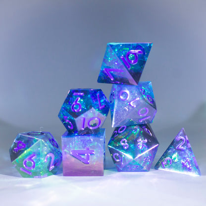 Dice Set 7 Translucent Cyan with Rainbow Iridescent Plating Sharp Edges