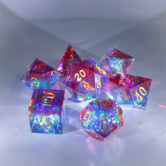 Dice Set 7 Translucent Red and Blue w/ Gold Number Sharp Edges