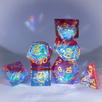 Dice Set 7 Translucent Red and Blue w/ Gold Number Sharp Edges