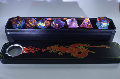 Dice Set 7 Translucent Red & Blue with Rainbow Iridescent Plating Sharp Edges