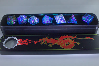 Dice Set 7 Translucent Cyan with Rainbow Iridescent Plating Sharp Edges